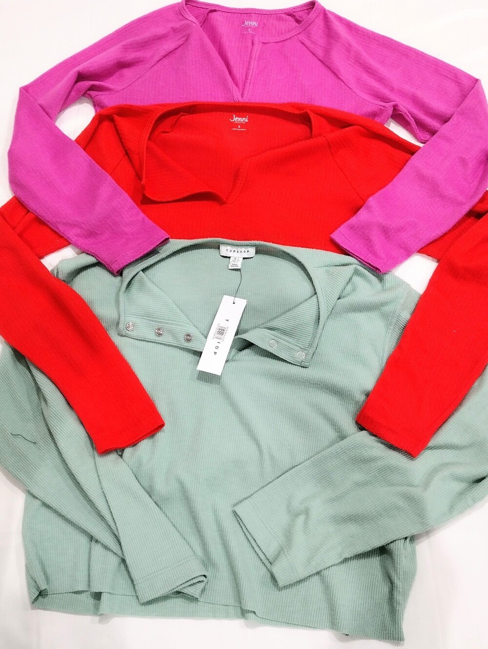 Bundle (2)Jenni Orange&Pink  Lg-Sleeve V-Notch Ribbed+(1) Topshop Green Pale Top